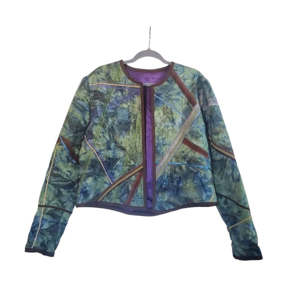 Handmade Watercolor Green Ribbon Art To Wear Short Open Jacket, Women's Large